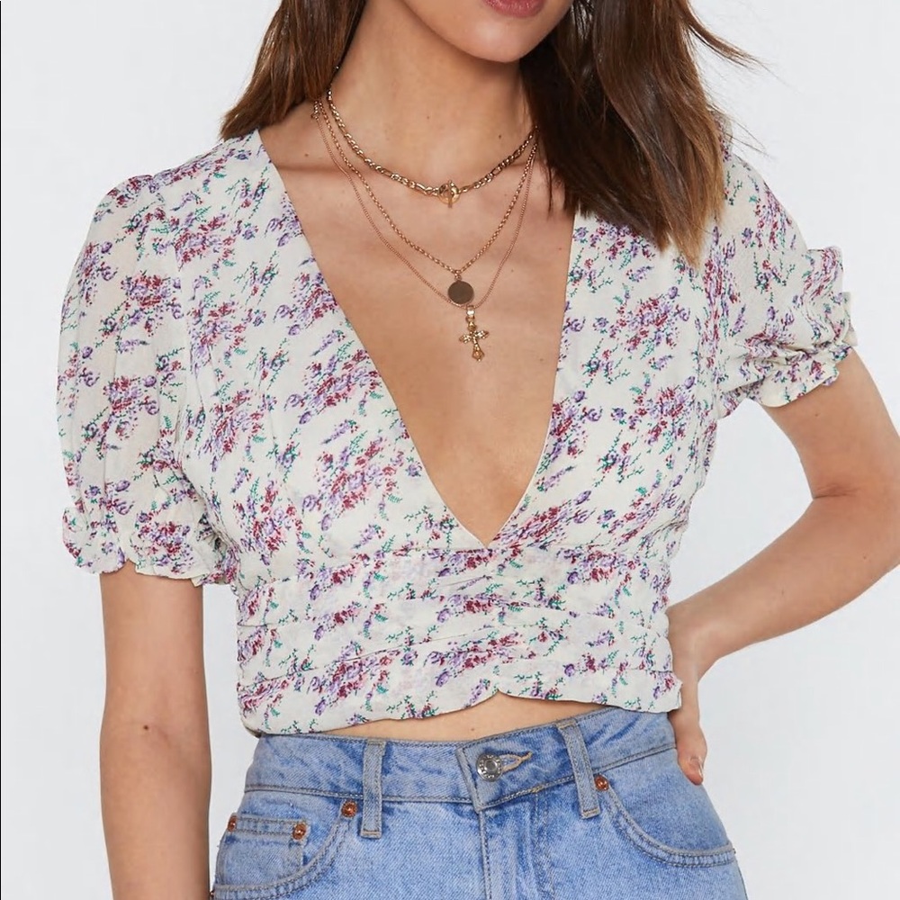 Nasty Gal Flower to the People Puff Sleeve Crop Top NWT